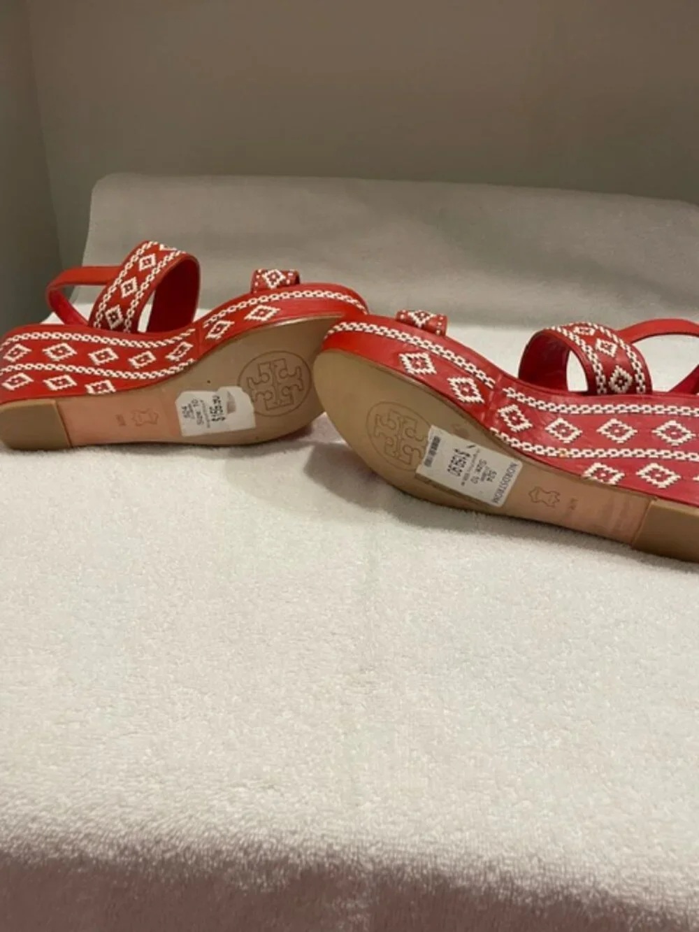 Tory Burch Womens Reena Sandals Size 10 Red Leather White Woven Wedge Platform